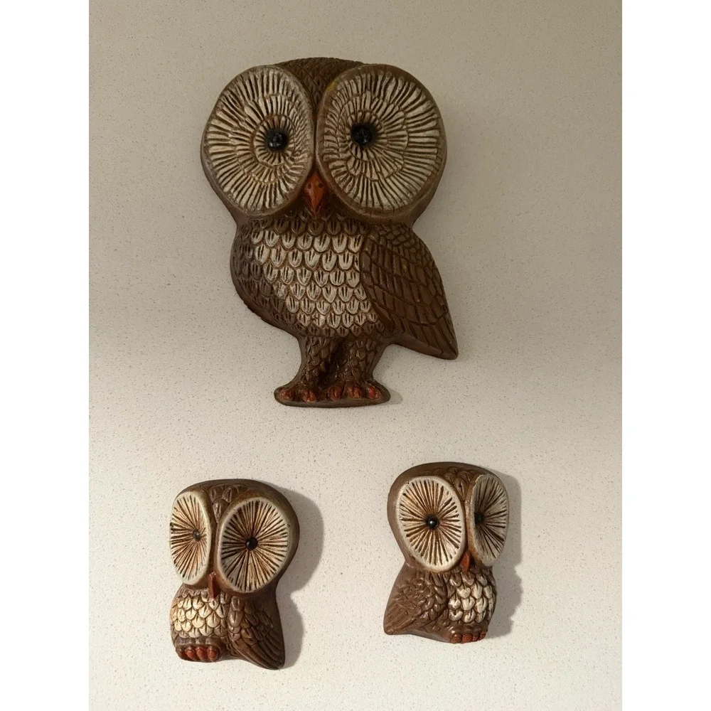 Vintage Owl Family 70s Foam Craft 3D Big Eyes Wall Hangers Set Of 3 Owls Decor